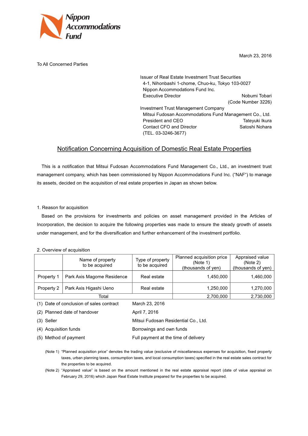 Notification Concerning Acquisition of Domestic Real Estate Properties