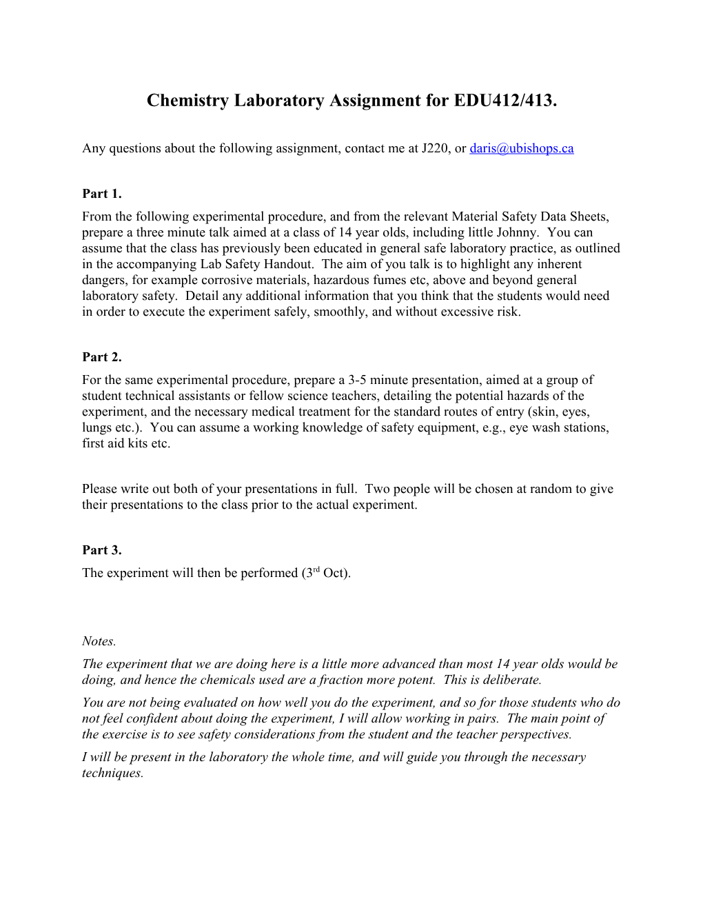 Chemistry Laboratory Assignment for EDU412/413