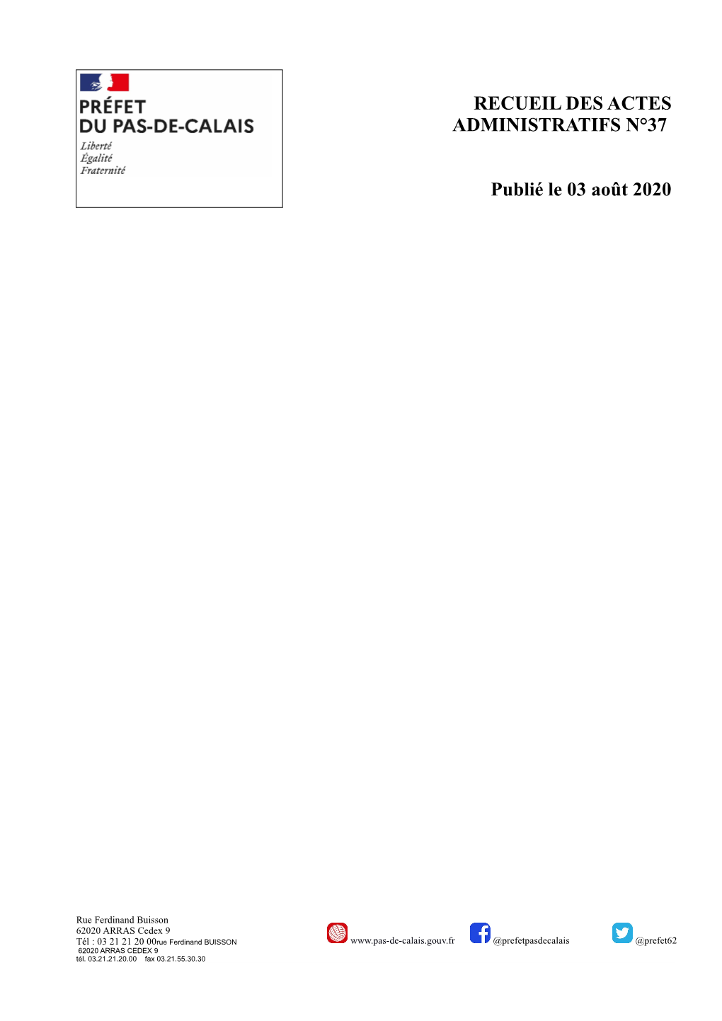 Recueil Des Actes Administratifs N°37 En Date Du 03 Août 2020