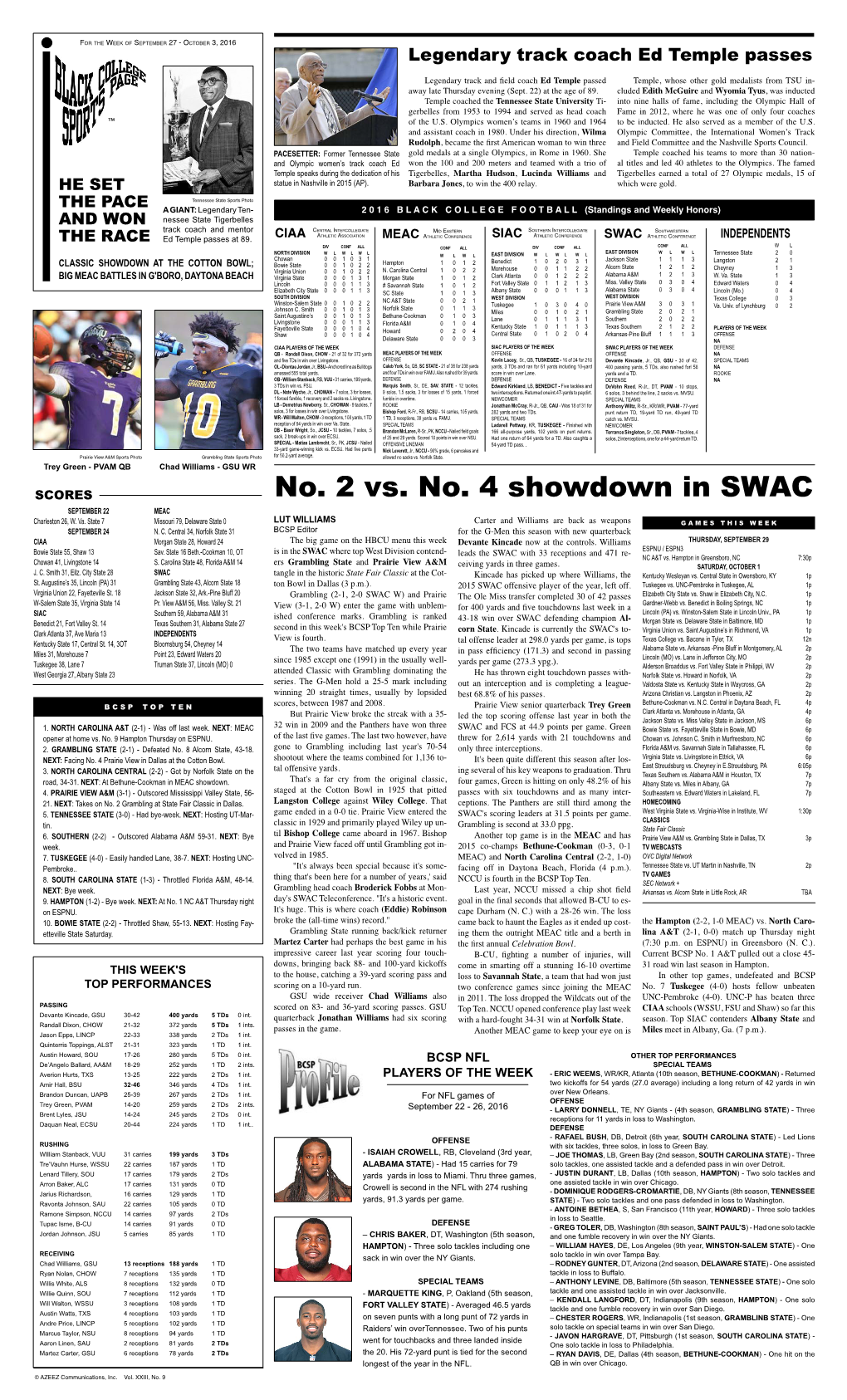 No. 2 Vs. No. 4 Showdown in SWAC SEPTEMBER 22 MEAC Charleston 26, W