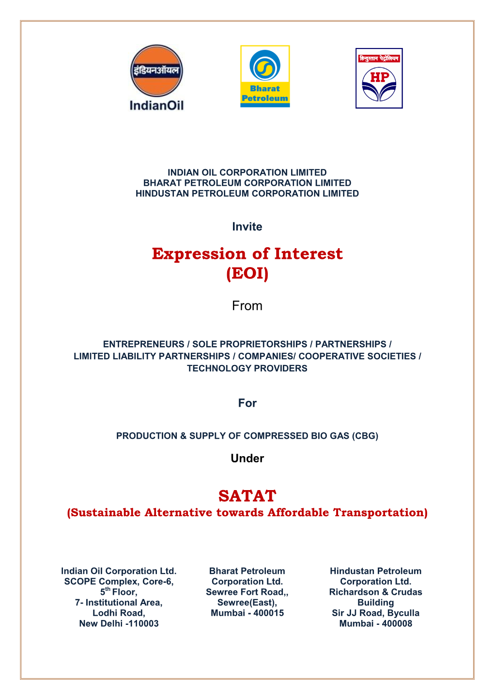 Expression of Interest (EOI) SATAT