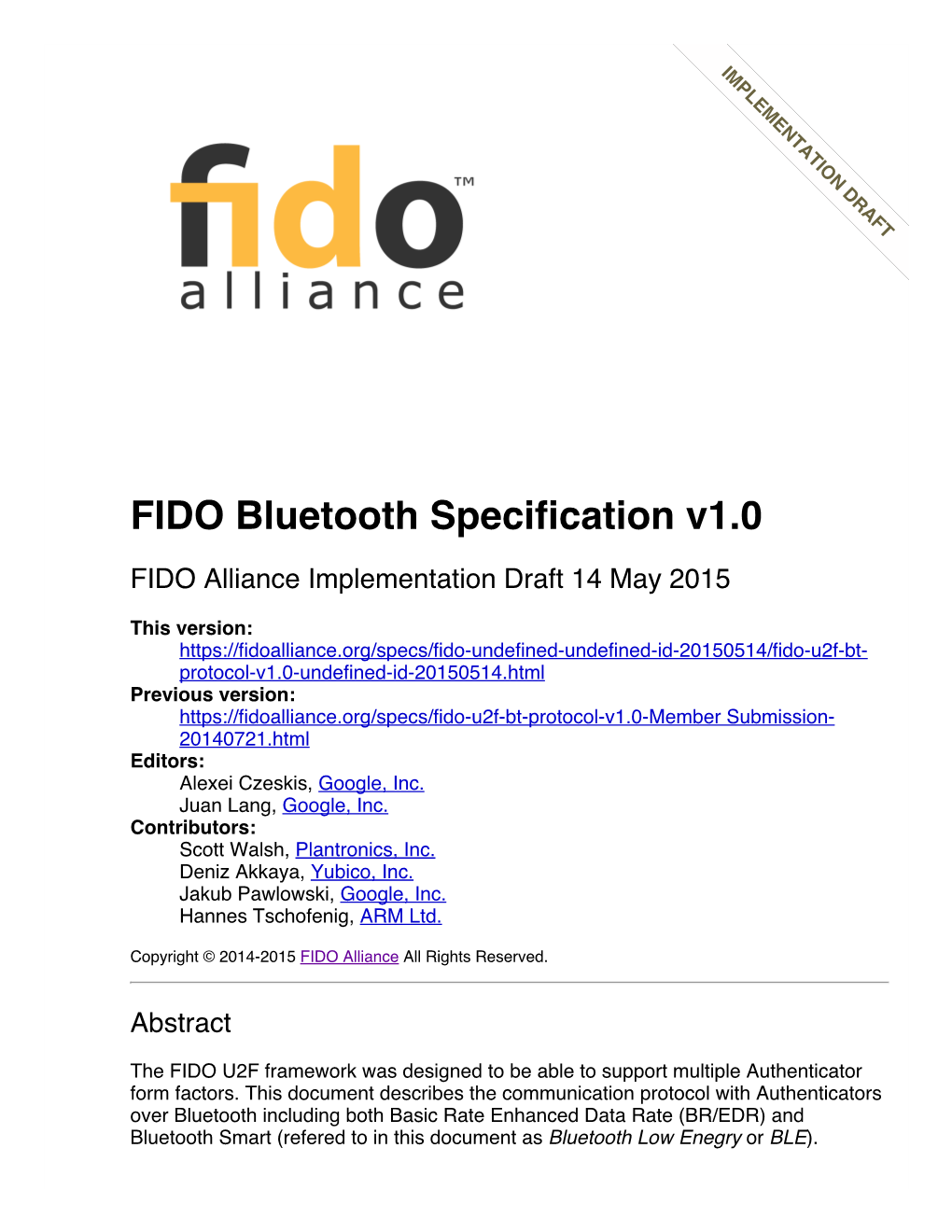 FIDO Bluetooth Specification V1.0