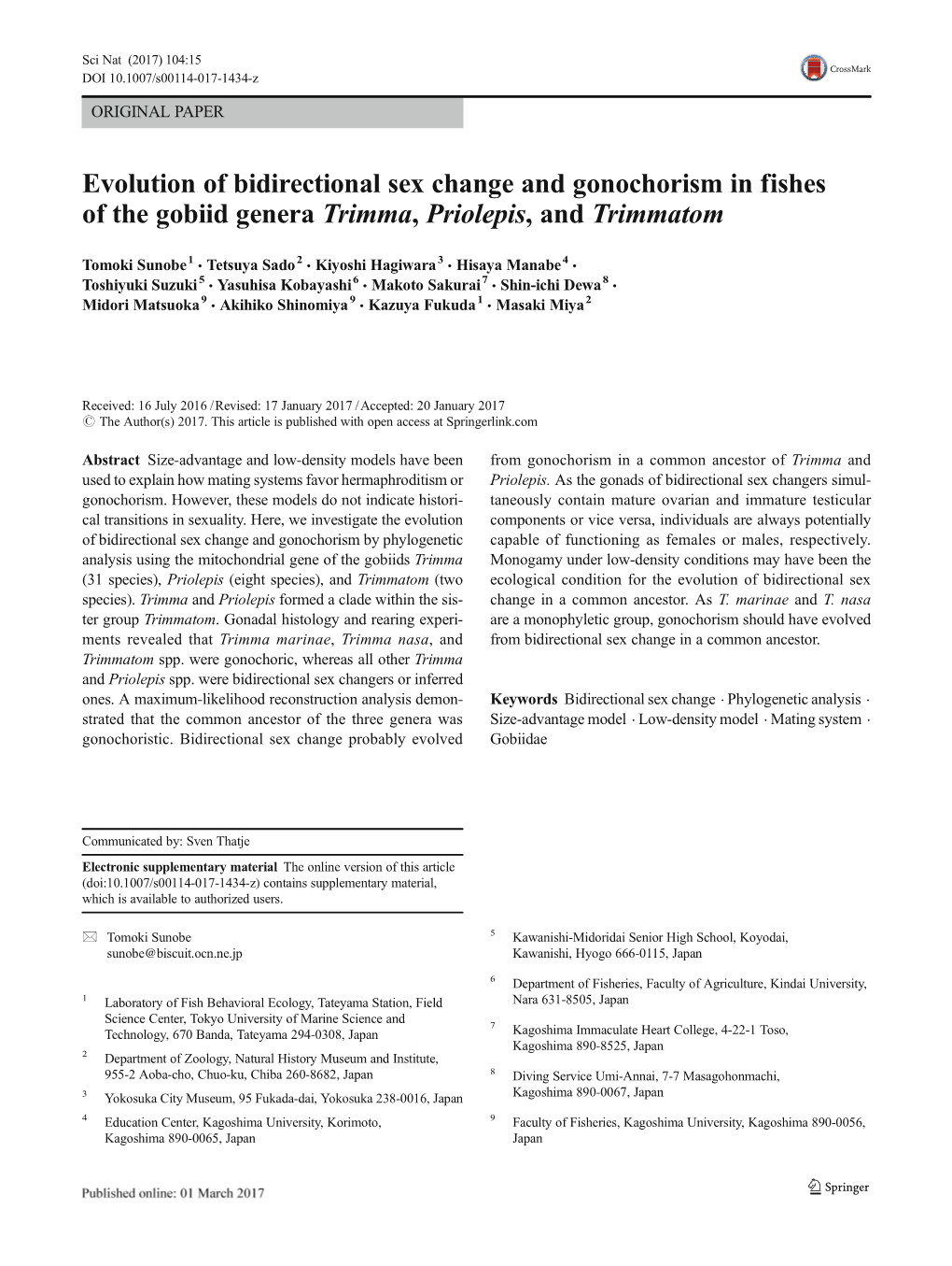 Evolution of Bidirectional Sex Change and Gonochorism in Fishes of the Gobiid Genera Trimma, Priolepis,Andtrimmatom