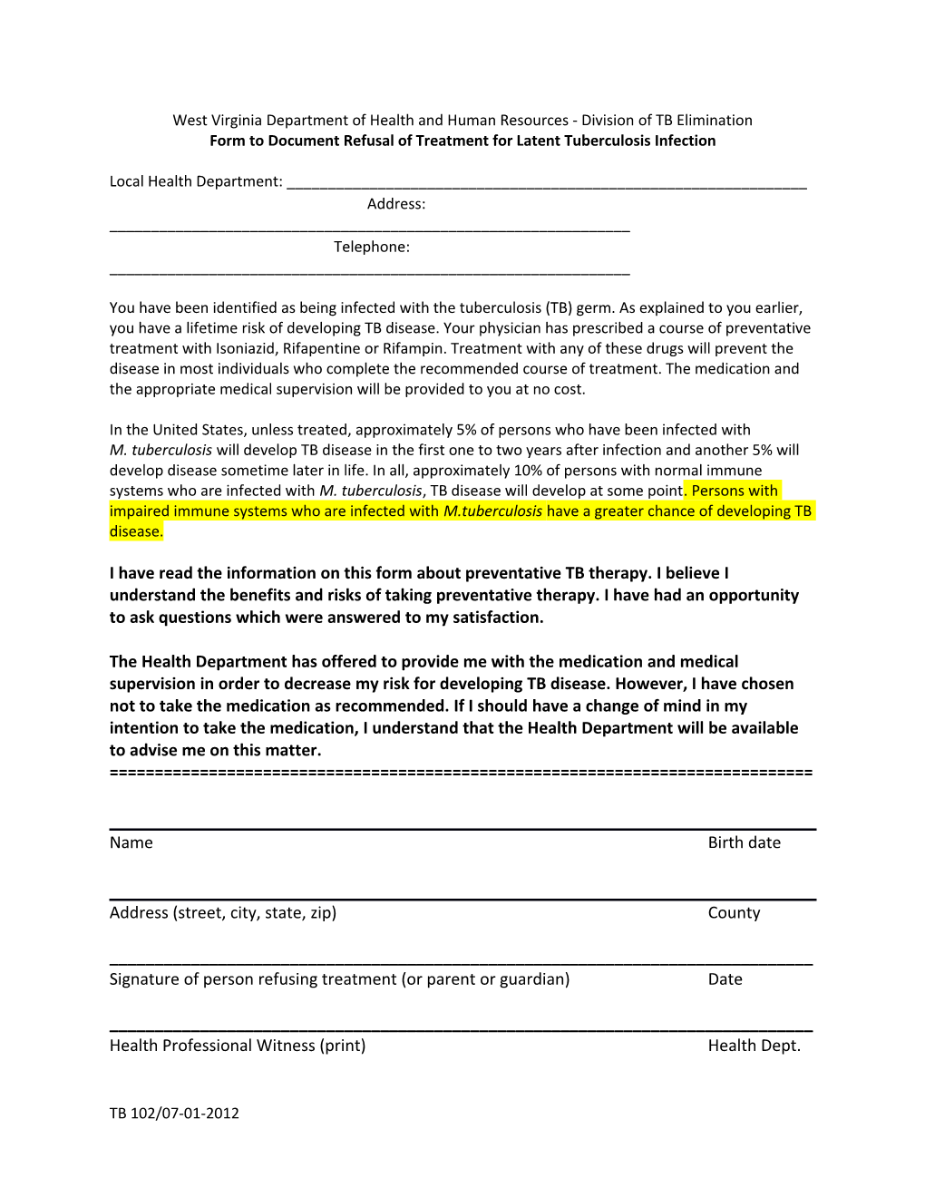 Form to Document Refusal of Treatment for Latent Tuberculosis Infection