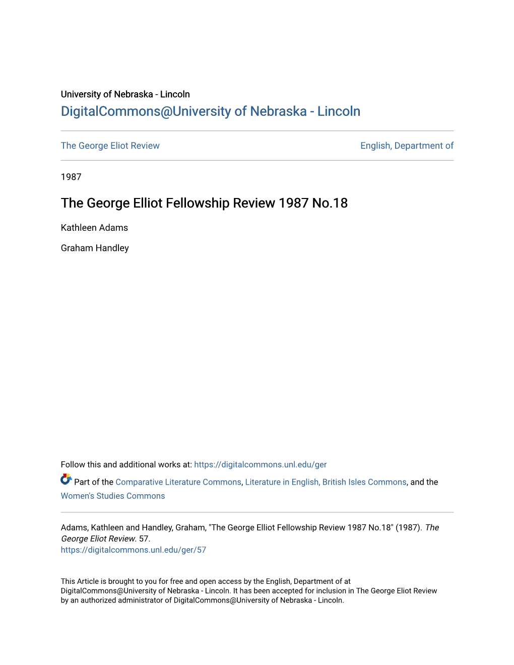 The George Elliot Fellowship Review 1987 No.18