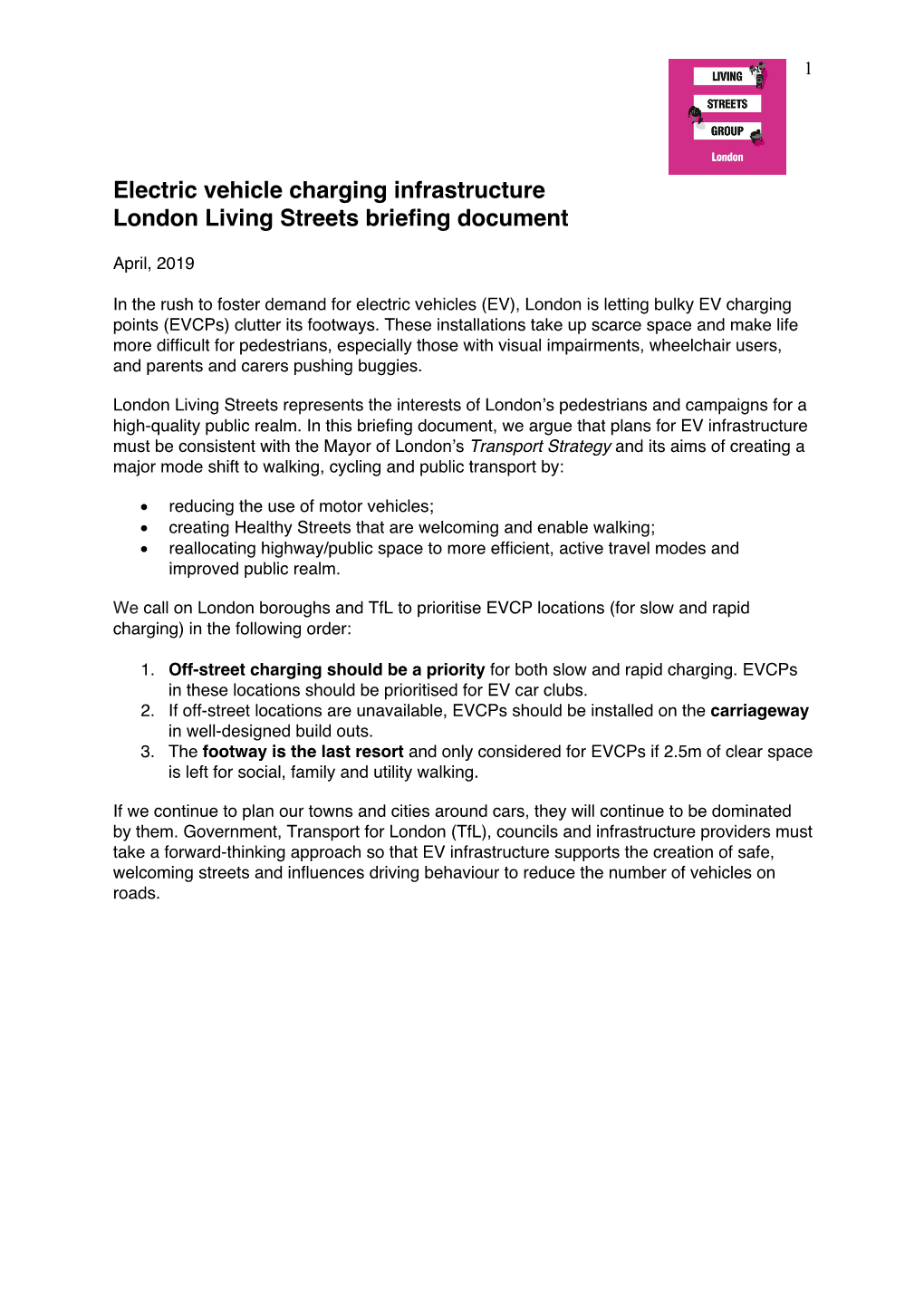 Electric Vehicle Charging Infrastructure London Living Streets Briefing Document