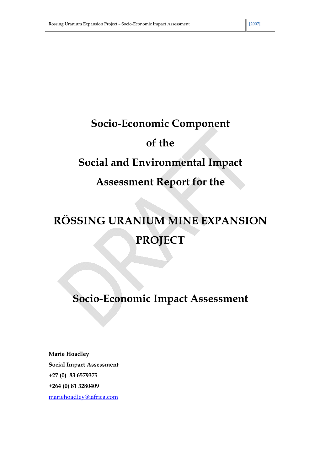 Rössing Uranium Expansion Project – Assessment of Social Impacts