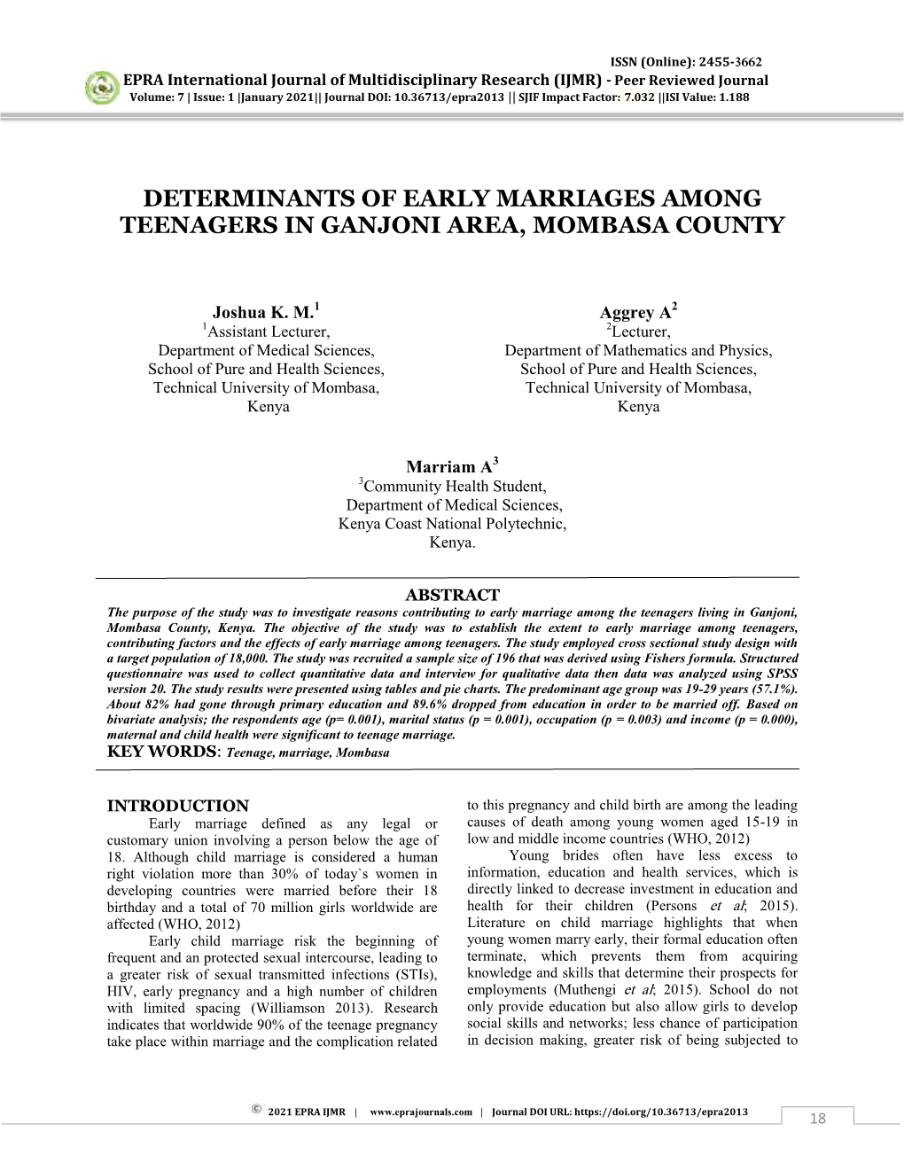 Determinants of Early Marriages Among Teenagers in Ganjoni Area, Mombasa County