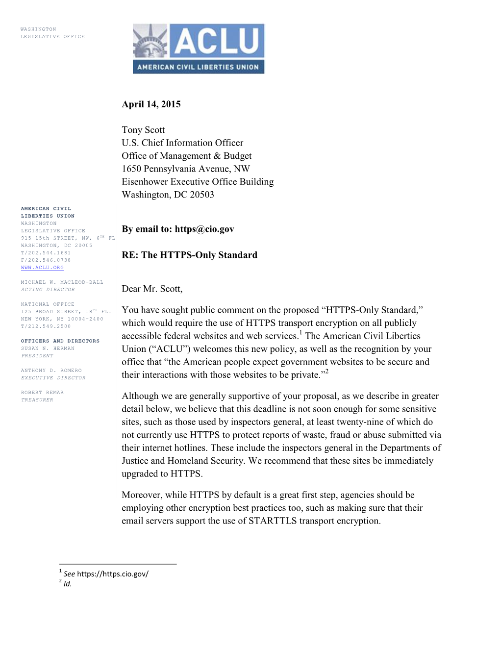 April 14, 2015 Tony Scott U.S. Chief Information Officer Office Of