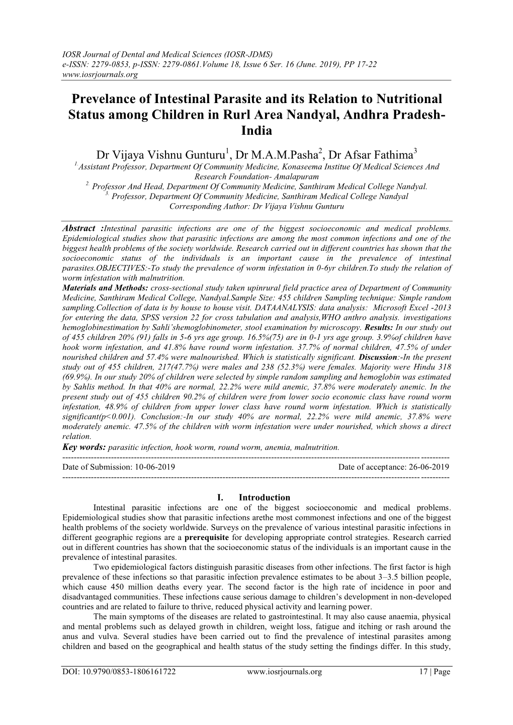 Prevelance of Intestinal Parasite and Its Relation to Nutritional Status Among Children in Rurl Area Nandyal, Andhra Pradesh- India