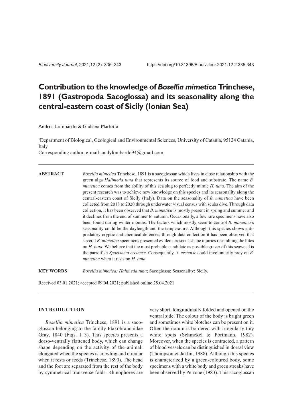 Contribution to the Knowledge of Bosellia Mimetica Trinchese, 1891 (Gastropoda Sacoglossa) and Its Seasonality Along the Central-Eastern Coast of Sicily (Ionian Sea)