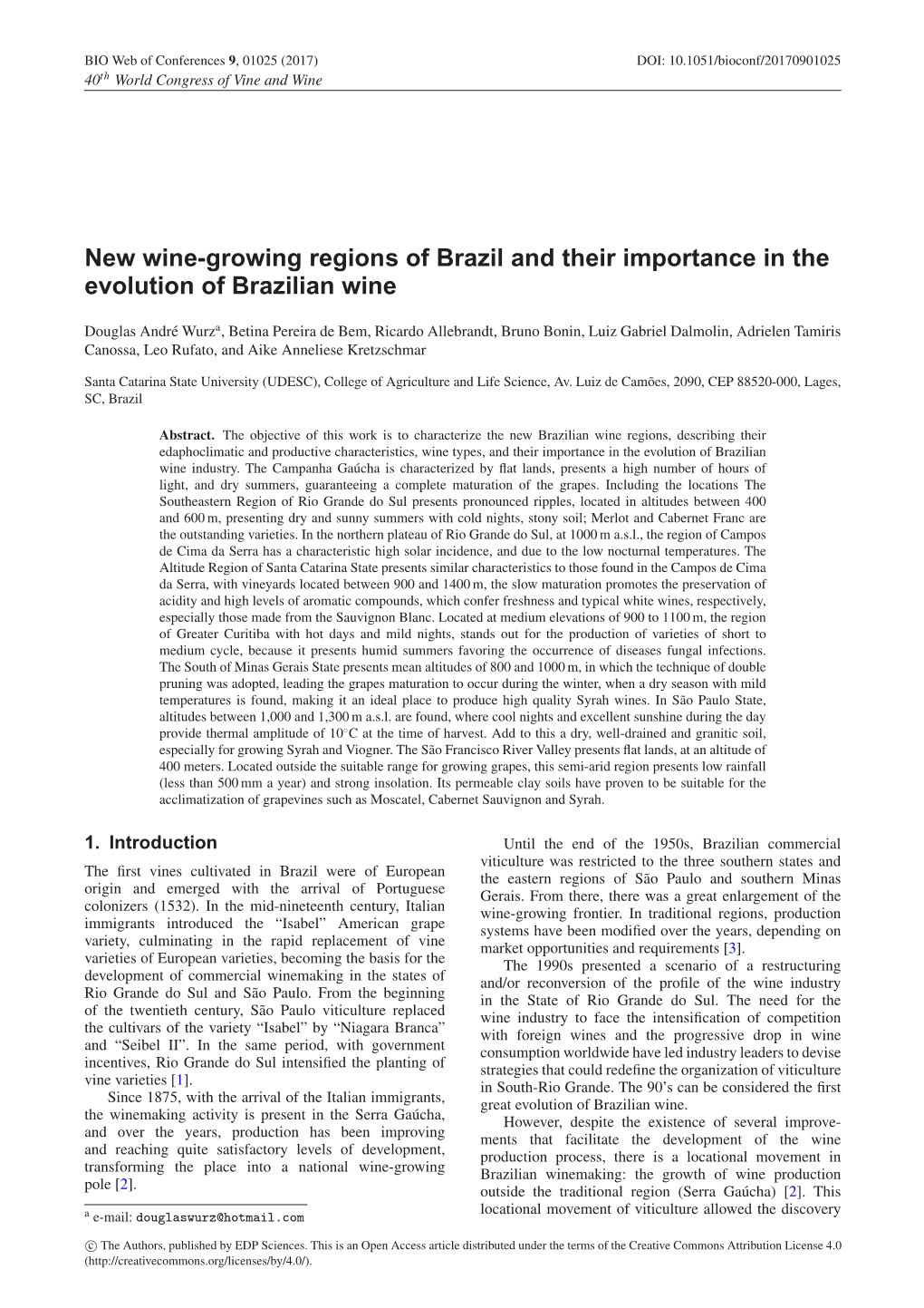 New Wine-Growing Regions of Brazil and Their Importance in the Evolution of Brazilian Wine