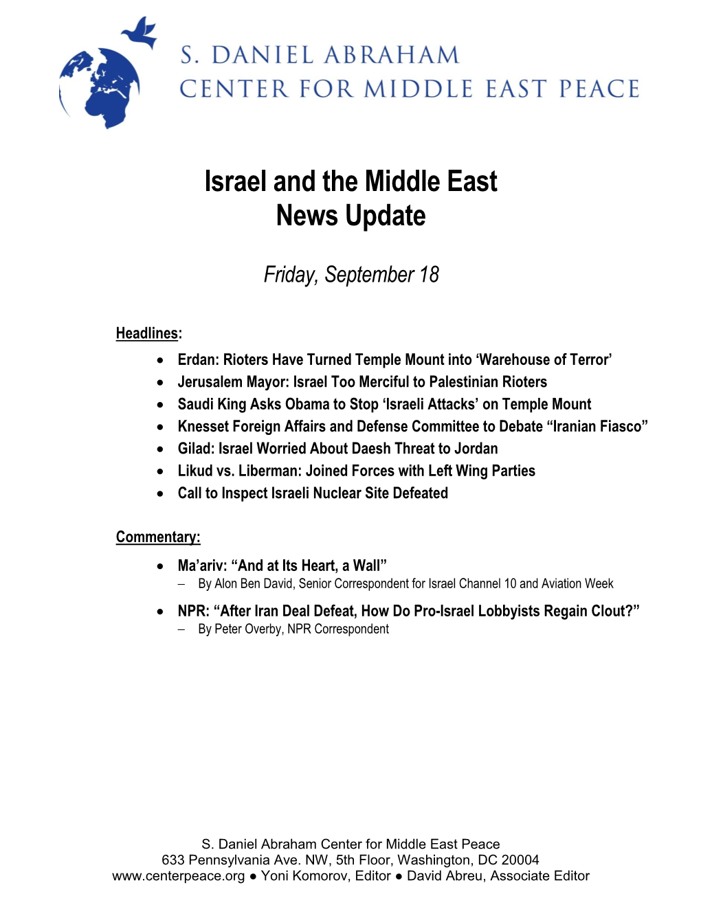 Israel and the Middle East News Update