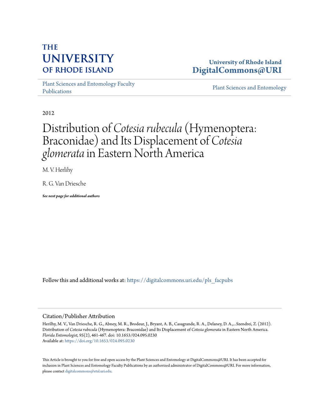 Hymenoptera: Braconidae) and Its Displacement of Cotesia Glomerata in Eastern North America M