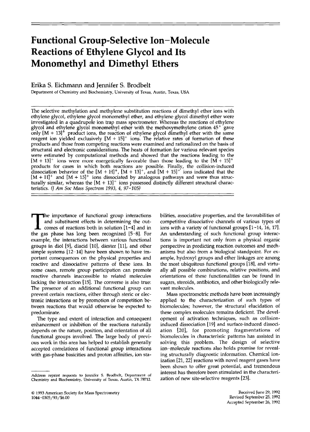 Functional Group-Selective Ion-Molecule Reactions of Ethylene Glycol and Its Monomethyl and Dimethyl Ethers