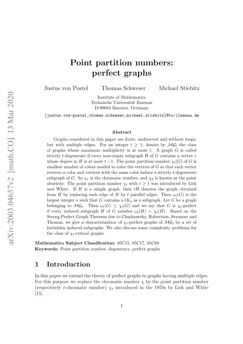 Point Partition Numbers: Perfect Graphs