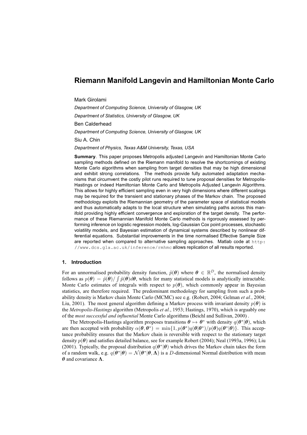 Riemann Manifold Langevin and Hamiltonian Monte Carlo