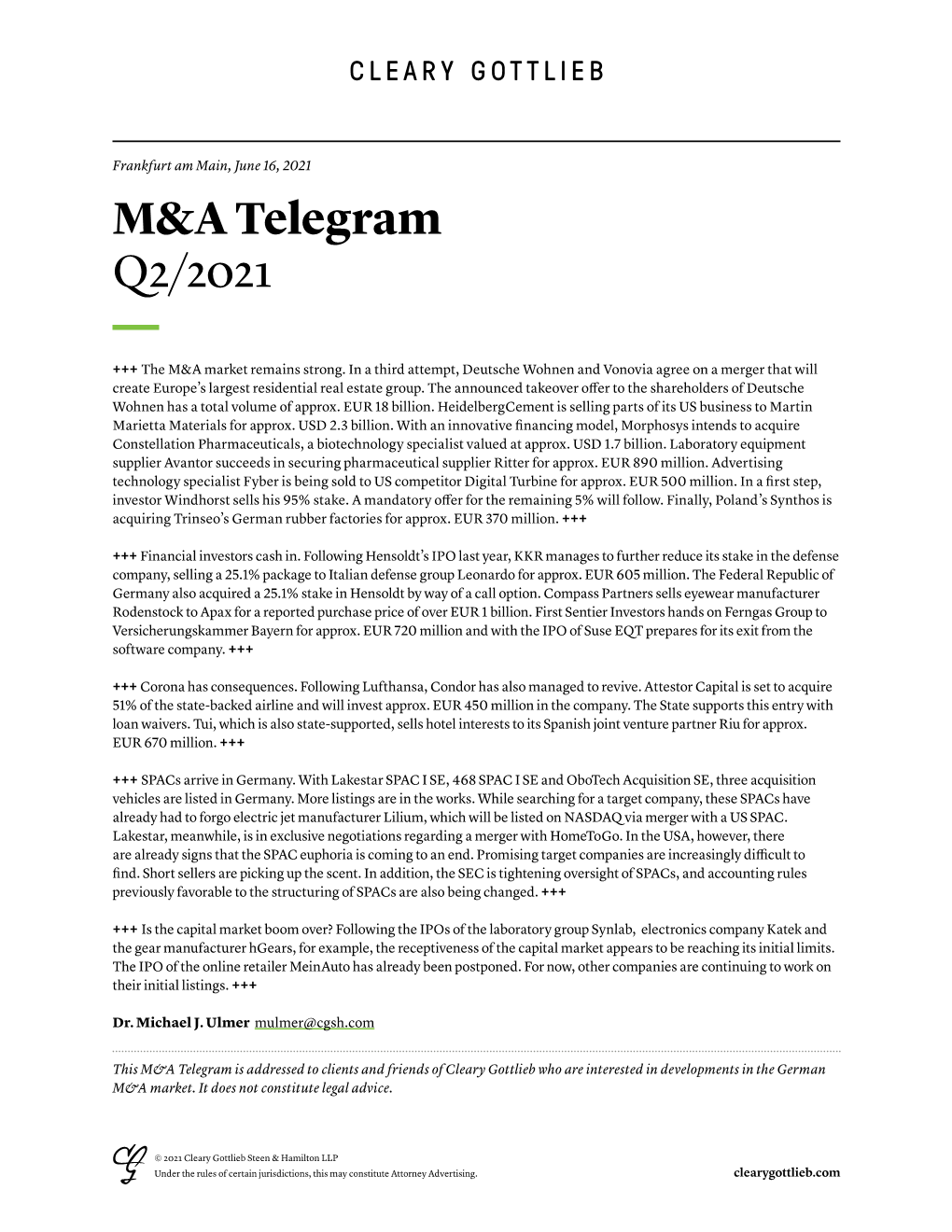 Cleary Gottlieb M&A Telegram, Q2/2021