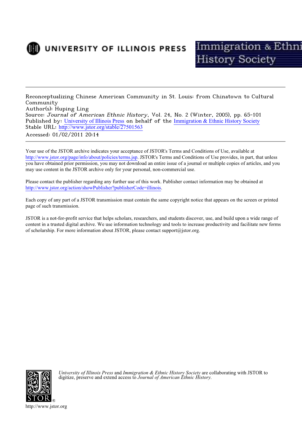 Reconceptualizing Chinese American Community in St. Louis: from Chinatown to Cultural Community Author(S): Huping Ling Source: Journal of American Ethnic History, Vol