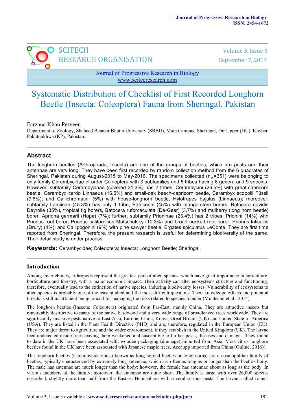 Systematic Distribution of Checklist of First Recorded Longhorn Beetle (Insecta: Coleoptera) Fauna from Sheringal, Pakistan