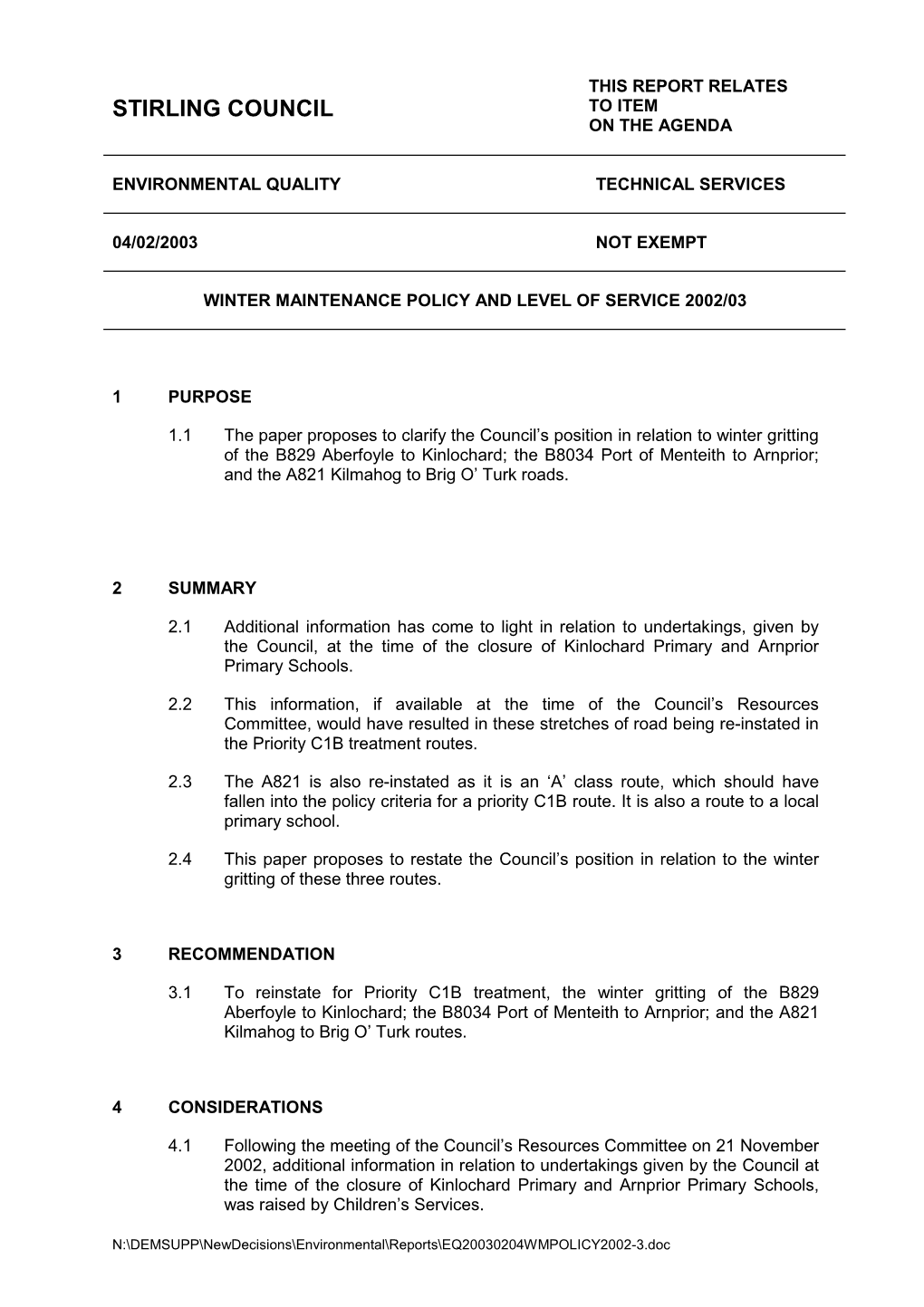 Winter Maintenance Policy and Level of Service 2002/03