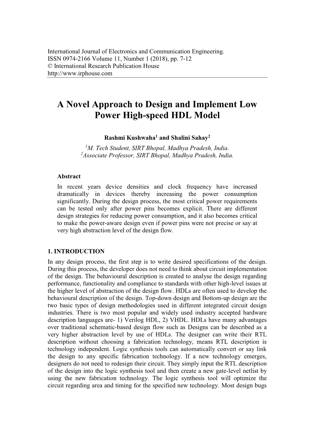 A Novel Approach to Design and Implement Low Power High-Speed HDL Model