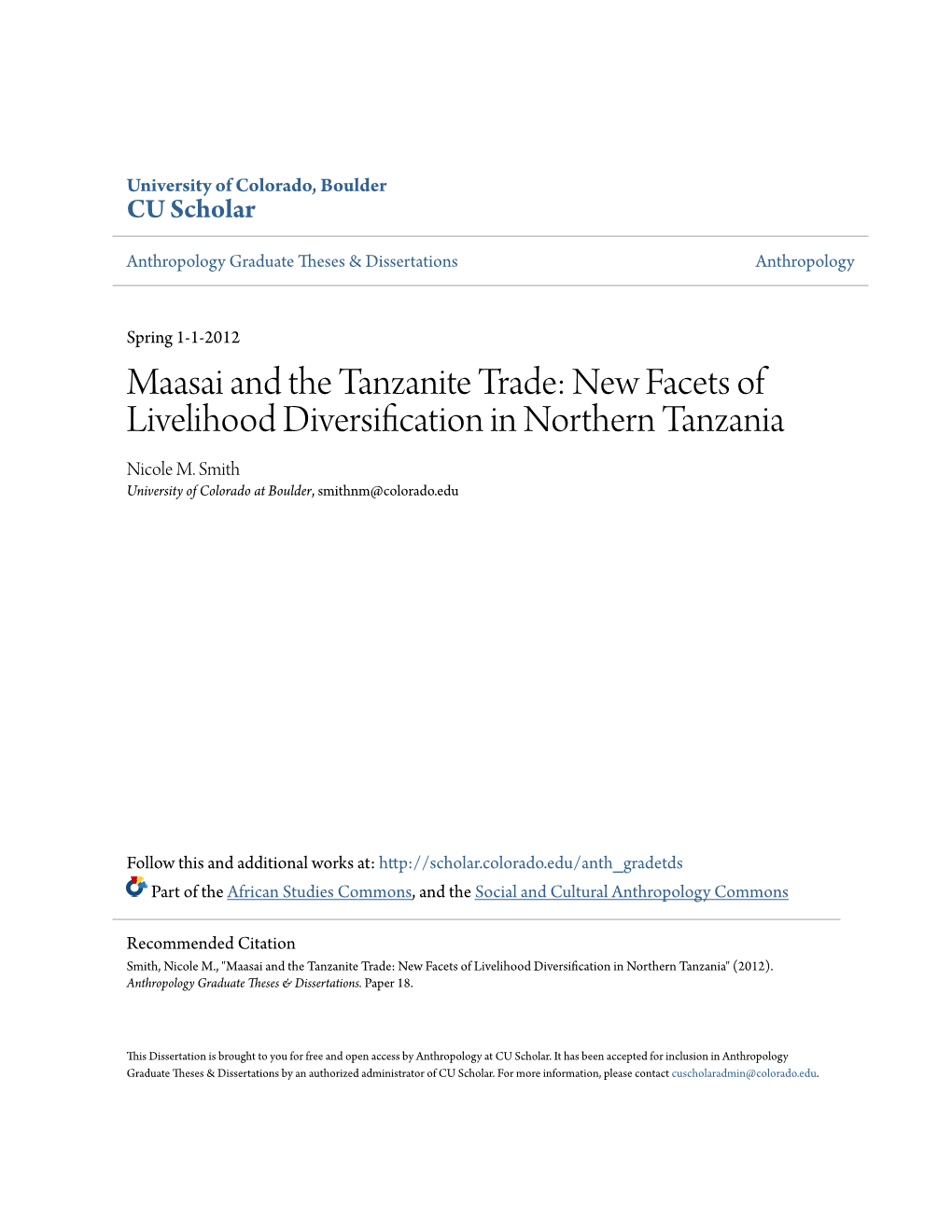 Maasai and the Tanzanite Trade: New Facets of Livelihood Diversification in Northern Tanzania Nicole M