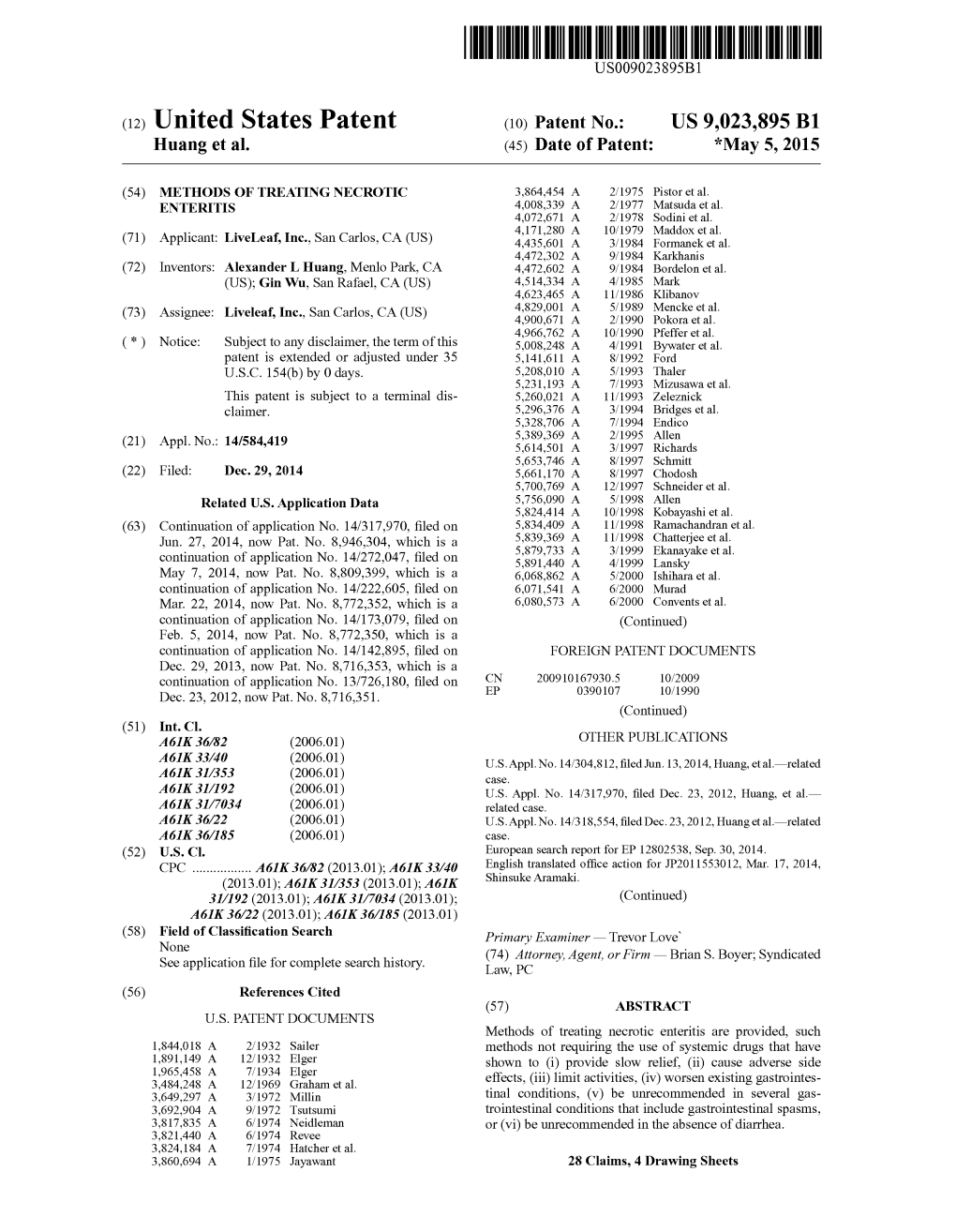 (12) United States Patent (10) Patent No.: US 9,023,895 B1 Huang Et Al