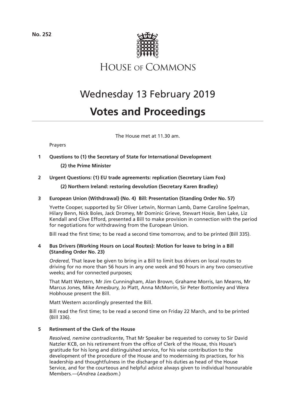 Votes and Proceedings for 13 Feb 2019