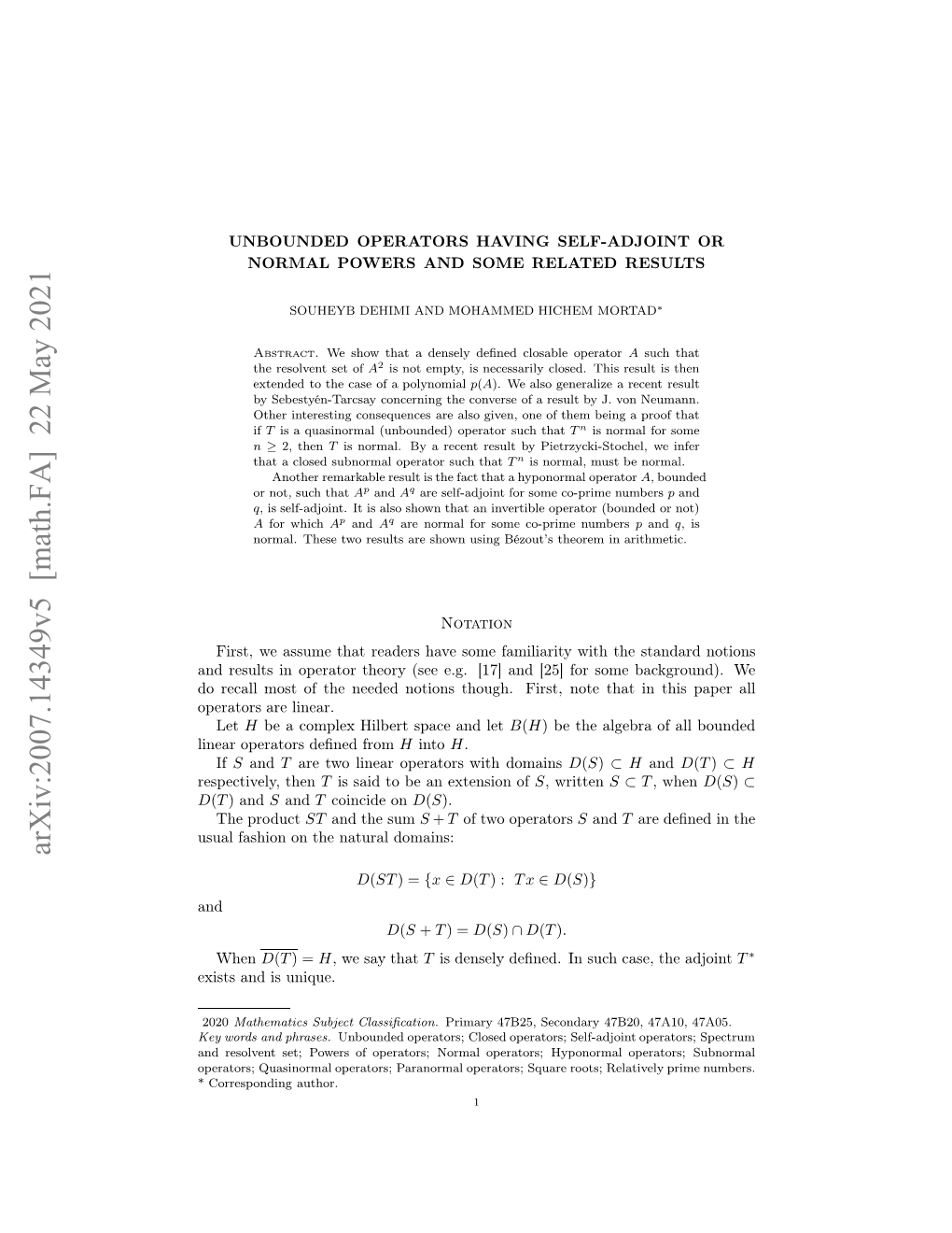 Arxiv:2007.14349V5 [Math.FA] 22 May 2021 Xssadi Unique