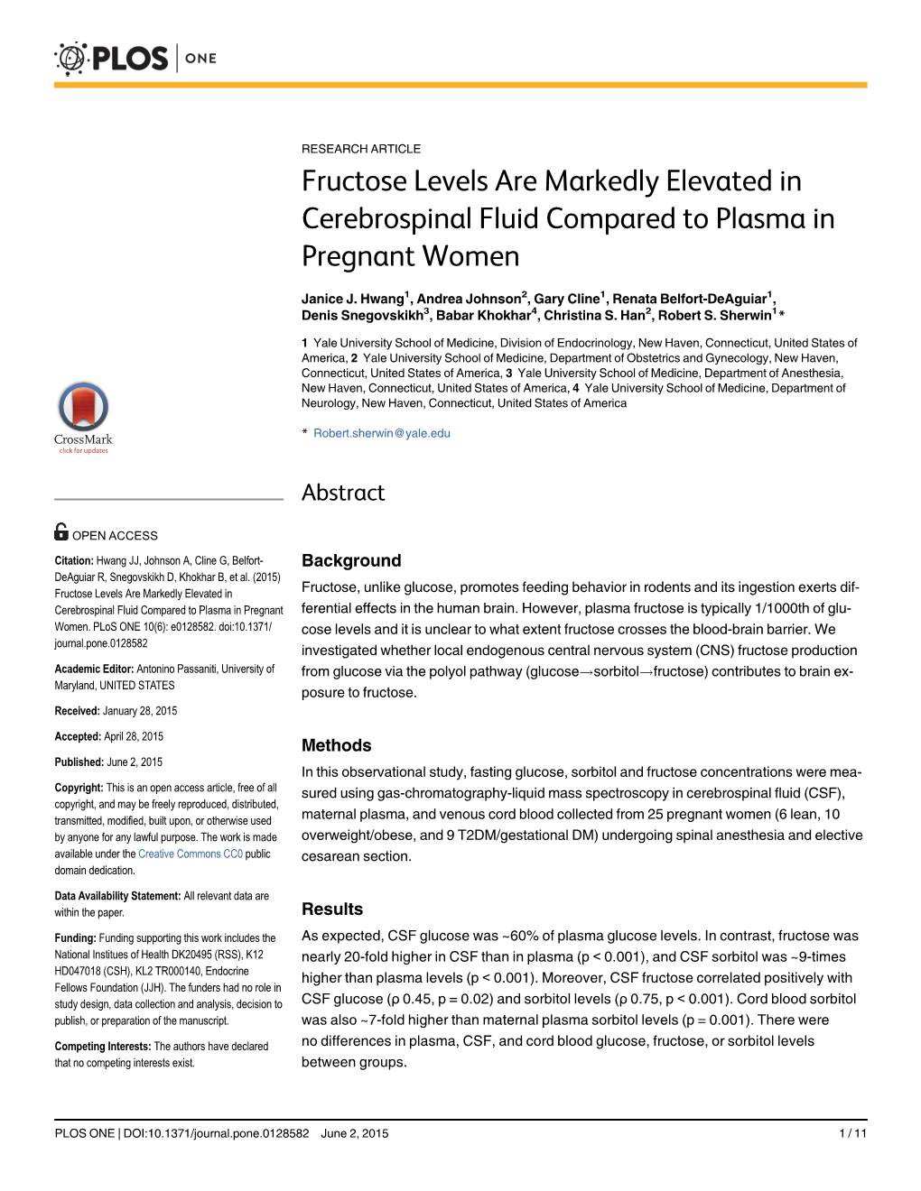 Fructose Levels Are Markedly Elevated in Cerebrospinal Fluid Compared to Plasma in Pregnant Women