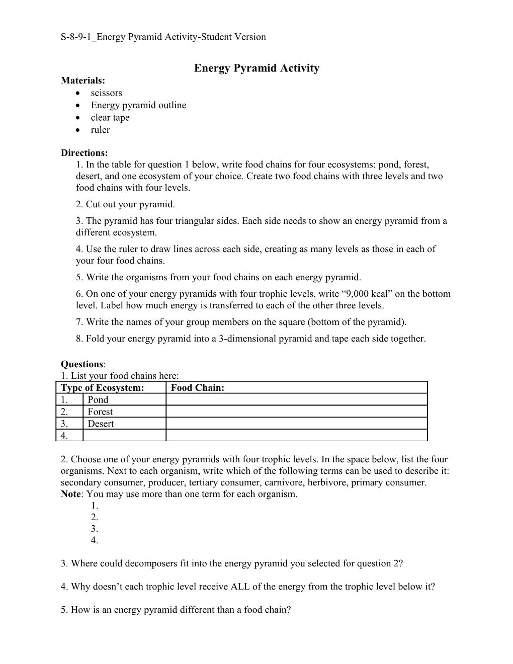 S-8-9-1 Energy Pyramid Activity-Student Version