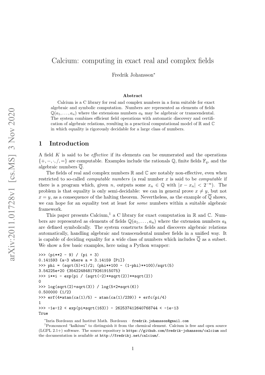 Calcium: Computing in Exact Real and Complex Fields