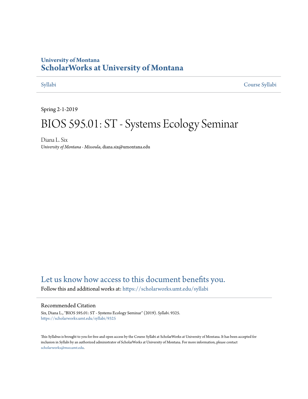 Systems Ecology Seminar Diana L