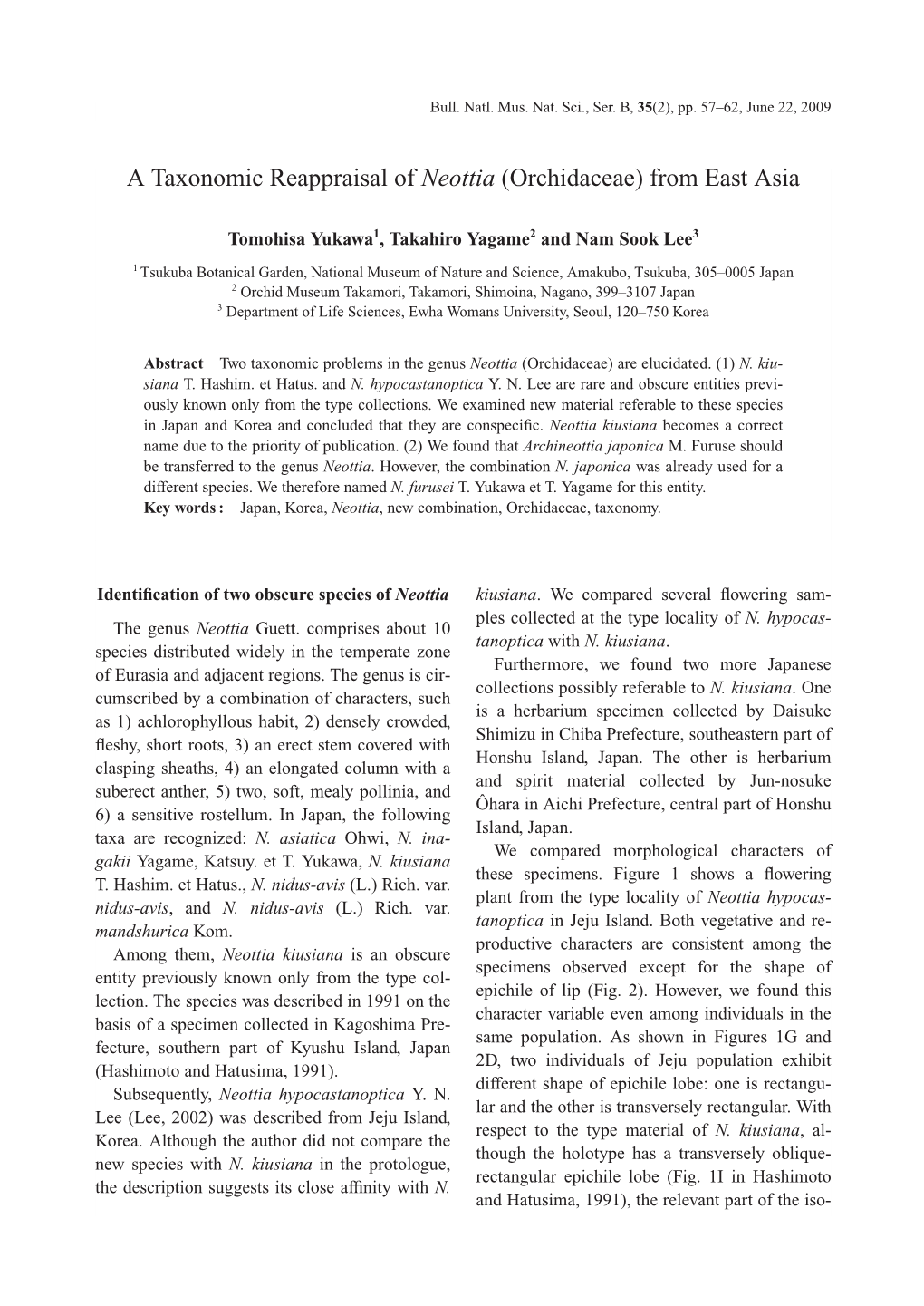 A Taxonomic Reappraisal of Neottia (Orchidaceae) from East Asia