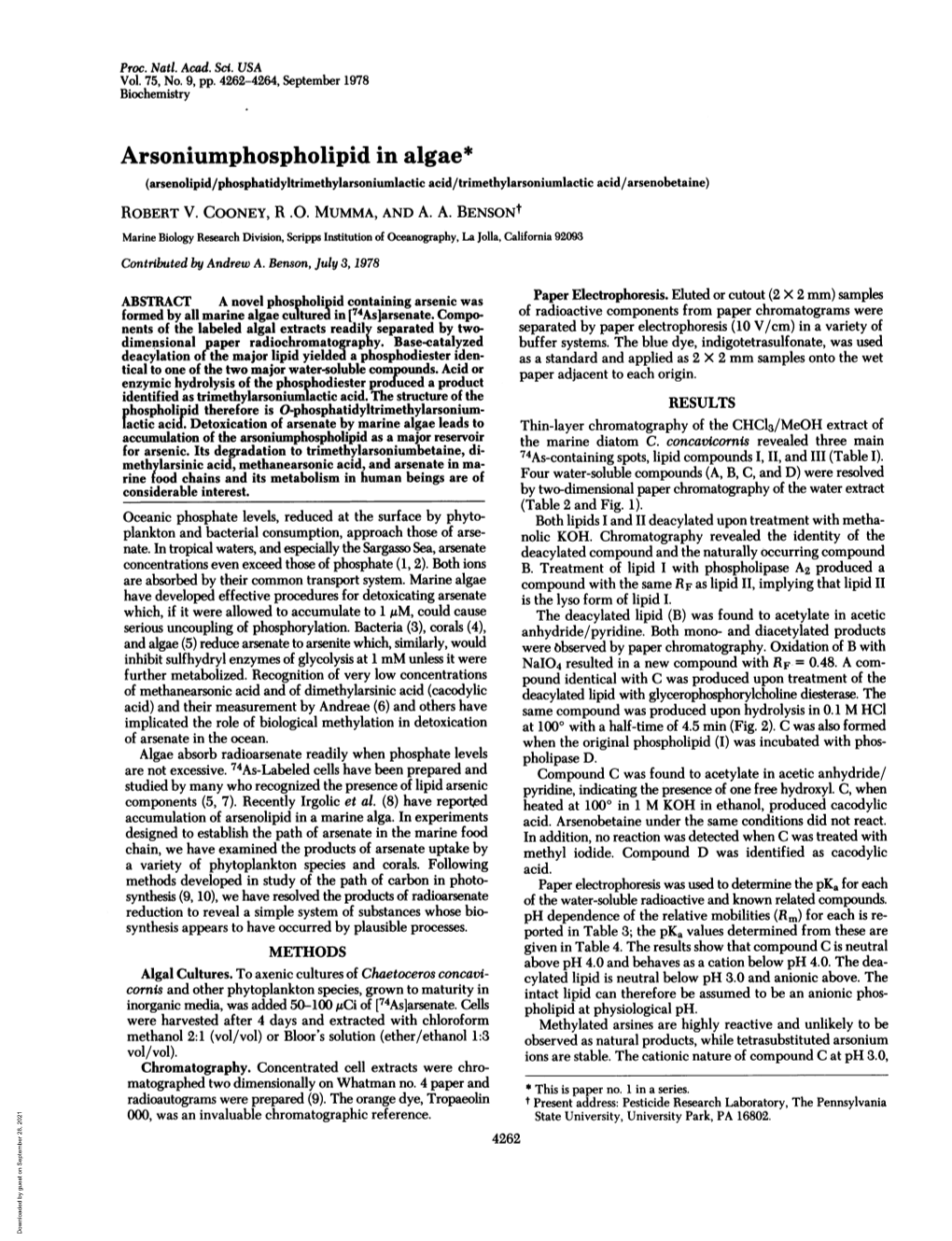 Arsoniumphospholipid in Algae* (Arsenolipid/Phosphatidyltrimethylarsoniumlactic Acid/Trimethylarsoniumlactic Acid/Arsenobetaine) ROBERT V