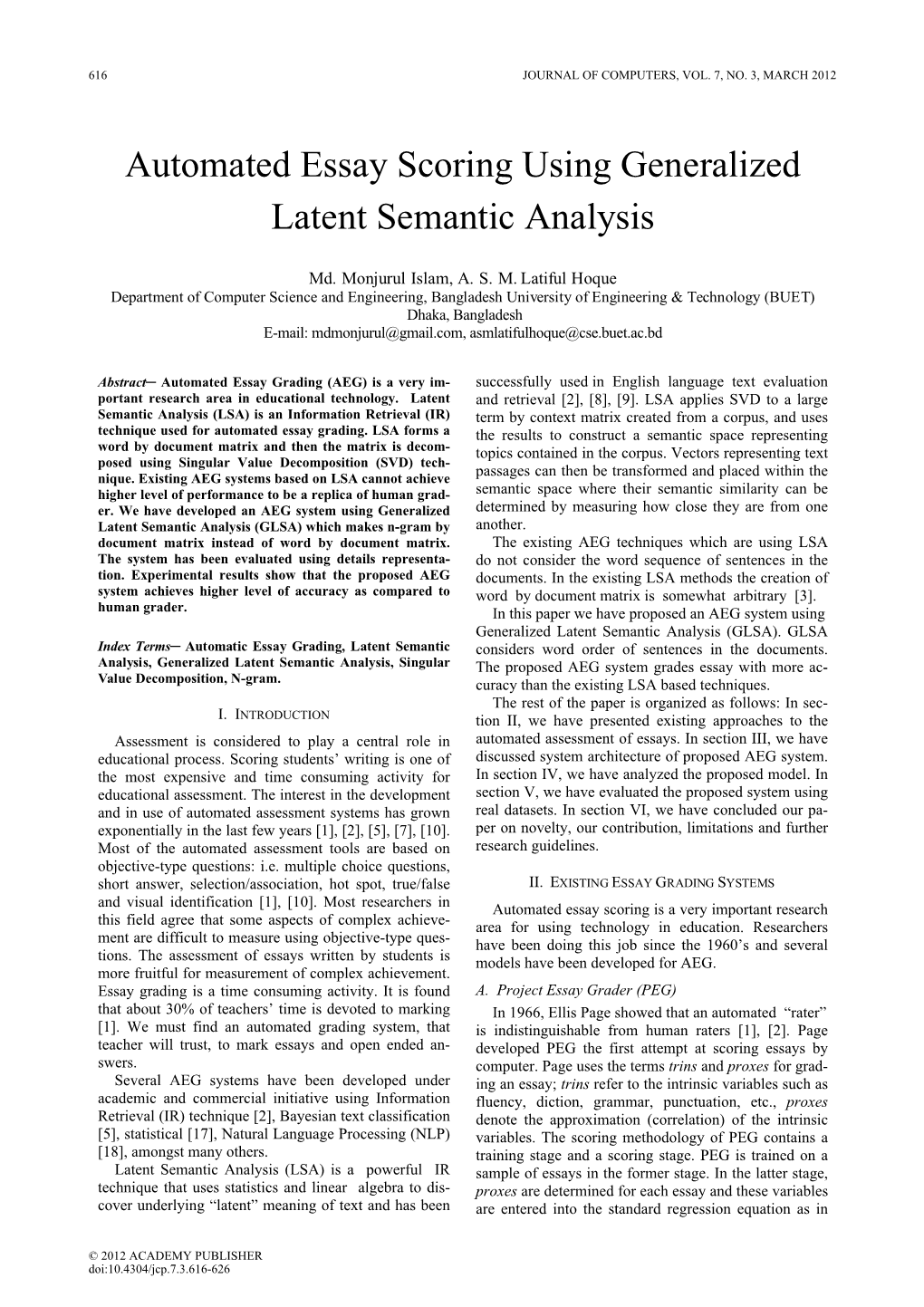 Automated Essay Scoring Using Generalized Latent Semantic Analysis