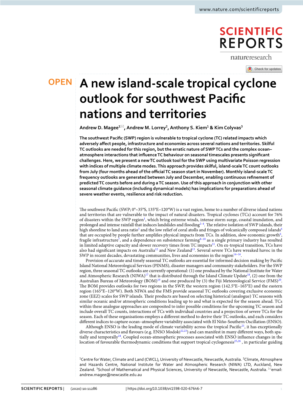 A New Island-Scale Tropical Cyclone Outlook for Southwest Pacific