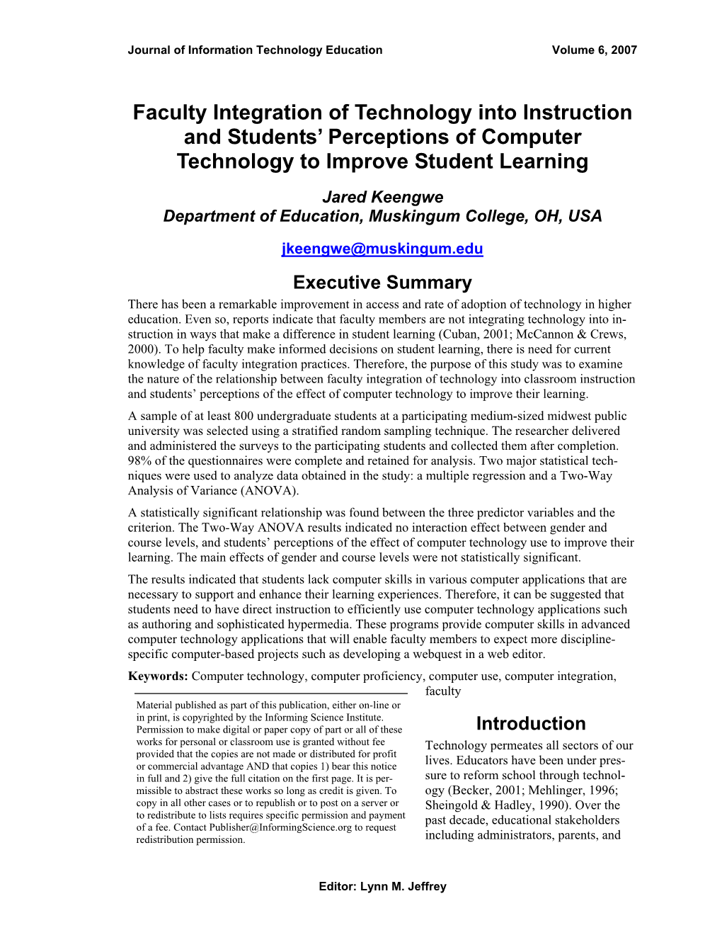 Faculty Integration of Technology Into Instruction and Students’ Perceptions of Computer Technology to Improve Student Learning