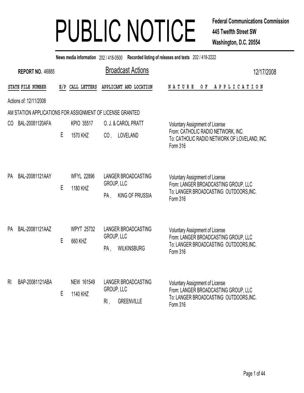 Broadcast Actions 12/17/2008