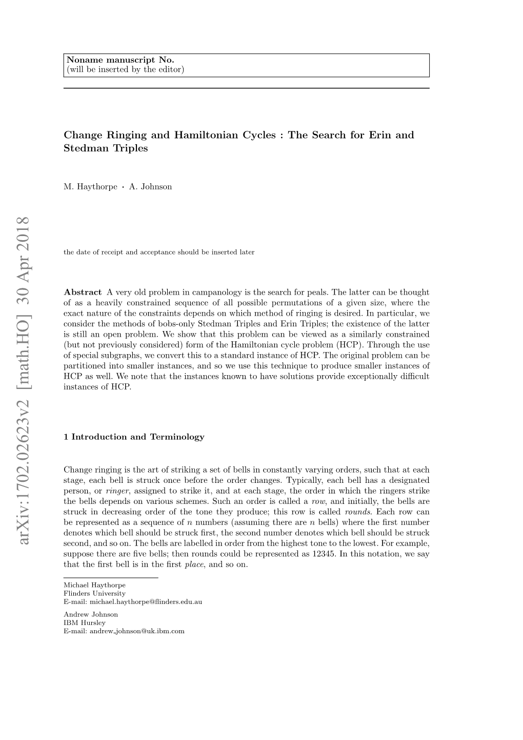 Change Ringing and Hamiltonian Cycles: the Search for Erin And