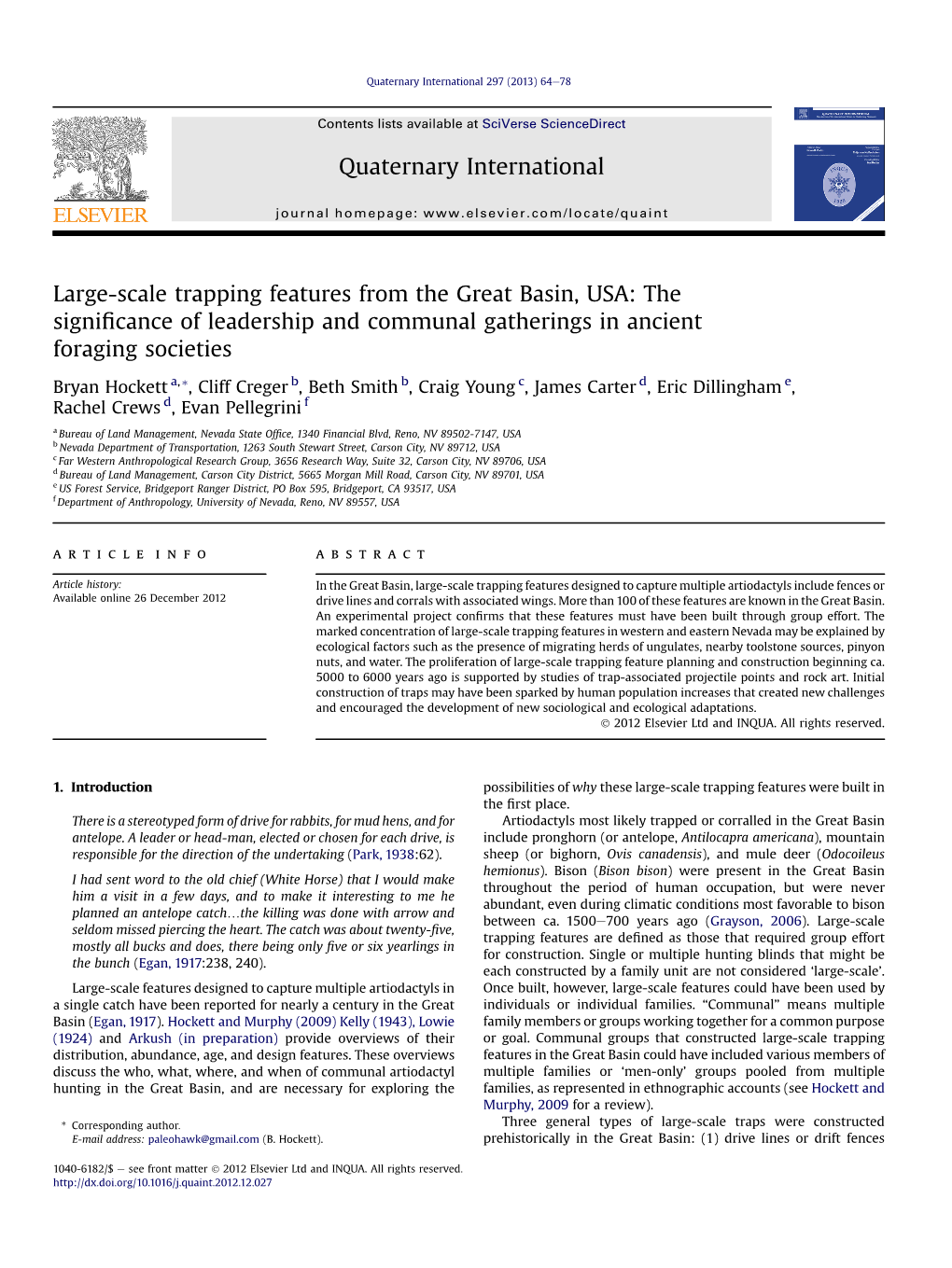 Large-Scale Trapping Features from the Great Basin, USA: the Signiﬁcance of Leadership and Communal Gatherings in Ancient Foraging Societies