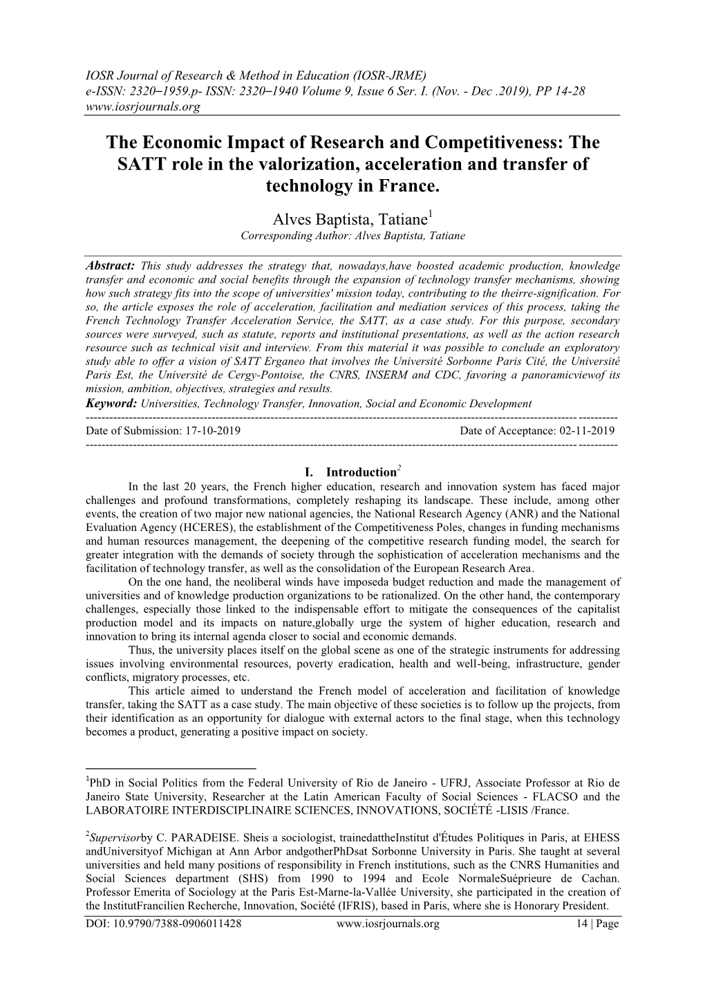 The Economic Impact of Research and Competitiveness: the SATT Role in the Valorization, Acceleration and Transfer of Technology in France