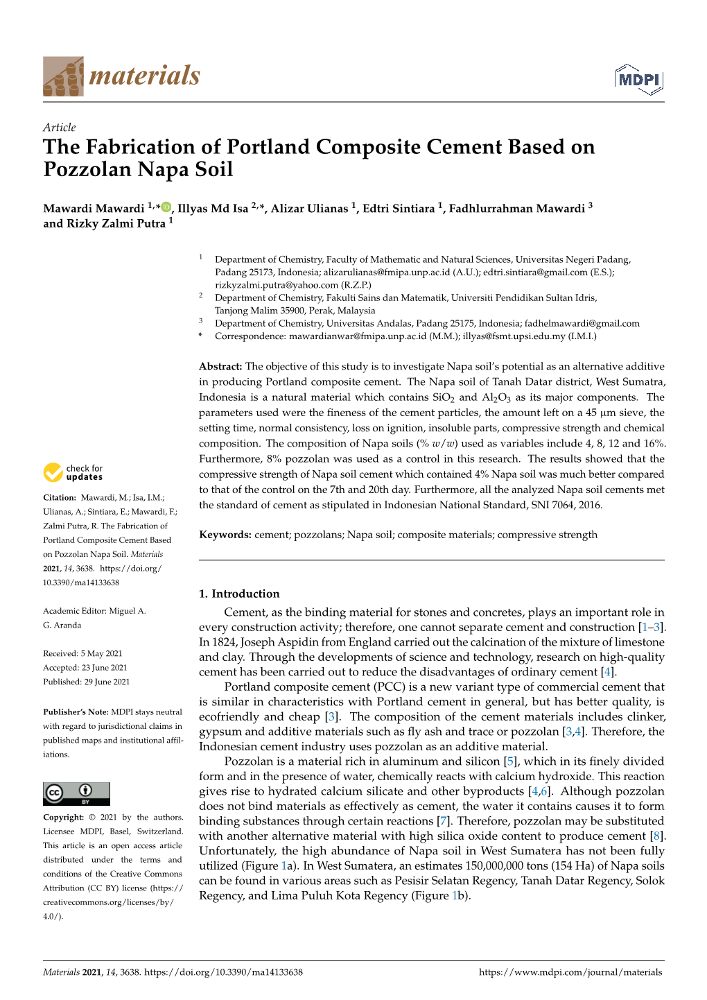 The Fabrication of Portland Composite Cement Based on Pozzolan Napa Soil