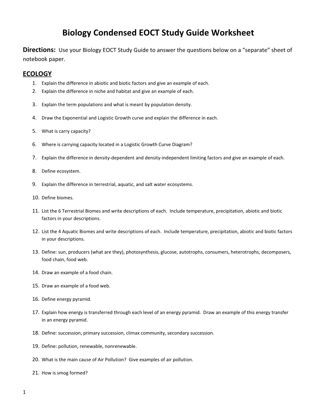 Biology Condensed EOCT Study Guide Worksheet