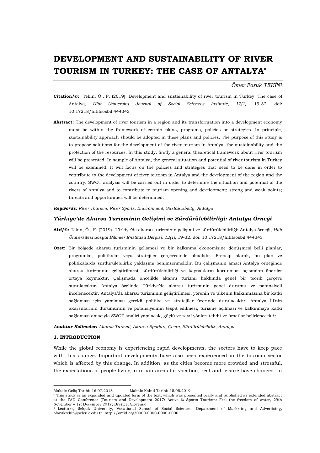 Development and Sustainability of River Tourism in Turkey: the Case of Antalya