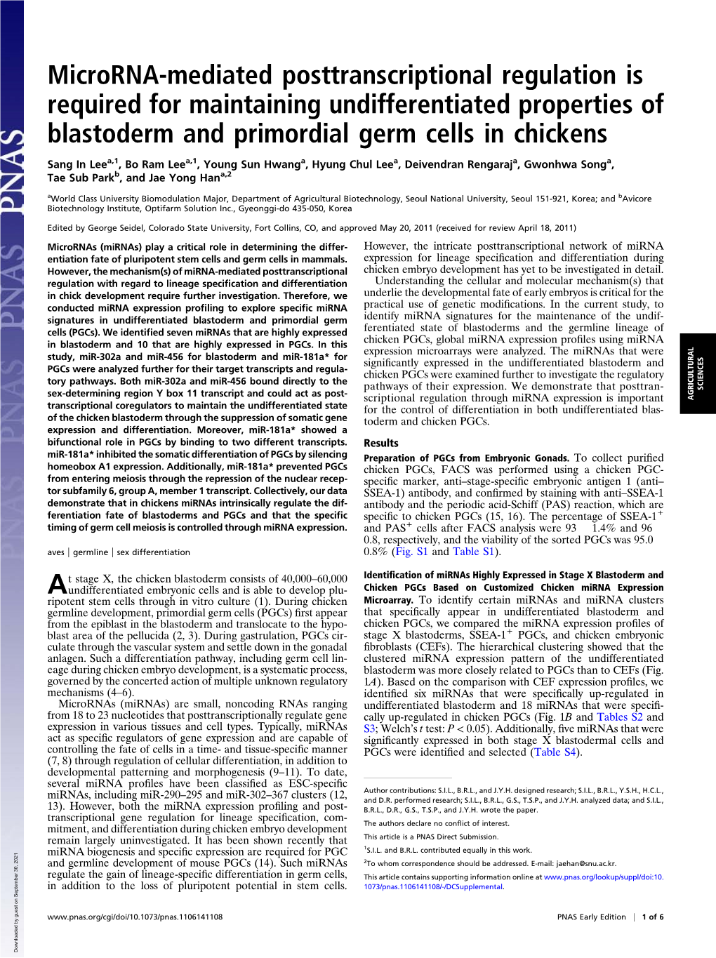 Microrna-Mediated Posttranscriptional Regulation Is Required for Maintaining Undifferentiated Properties of Blastoderm and Primordial Germ Cells in Chickens