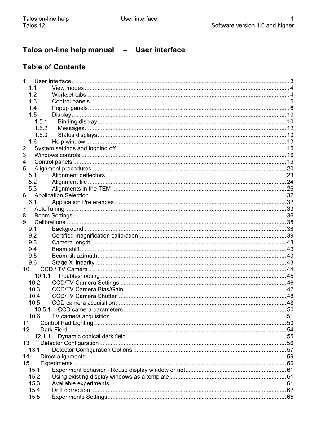 Talos On-Line Help Manual -- User Interface Table of Contents