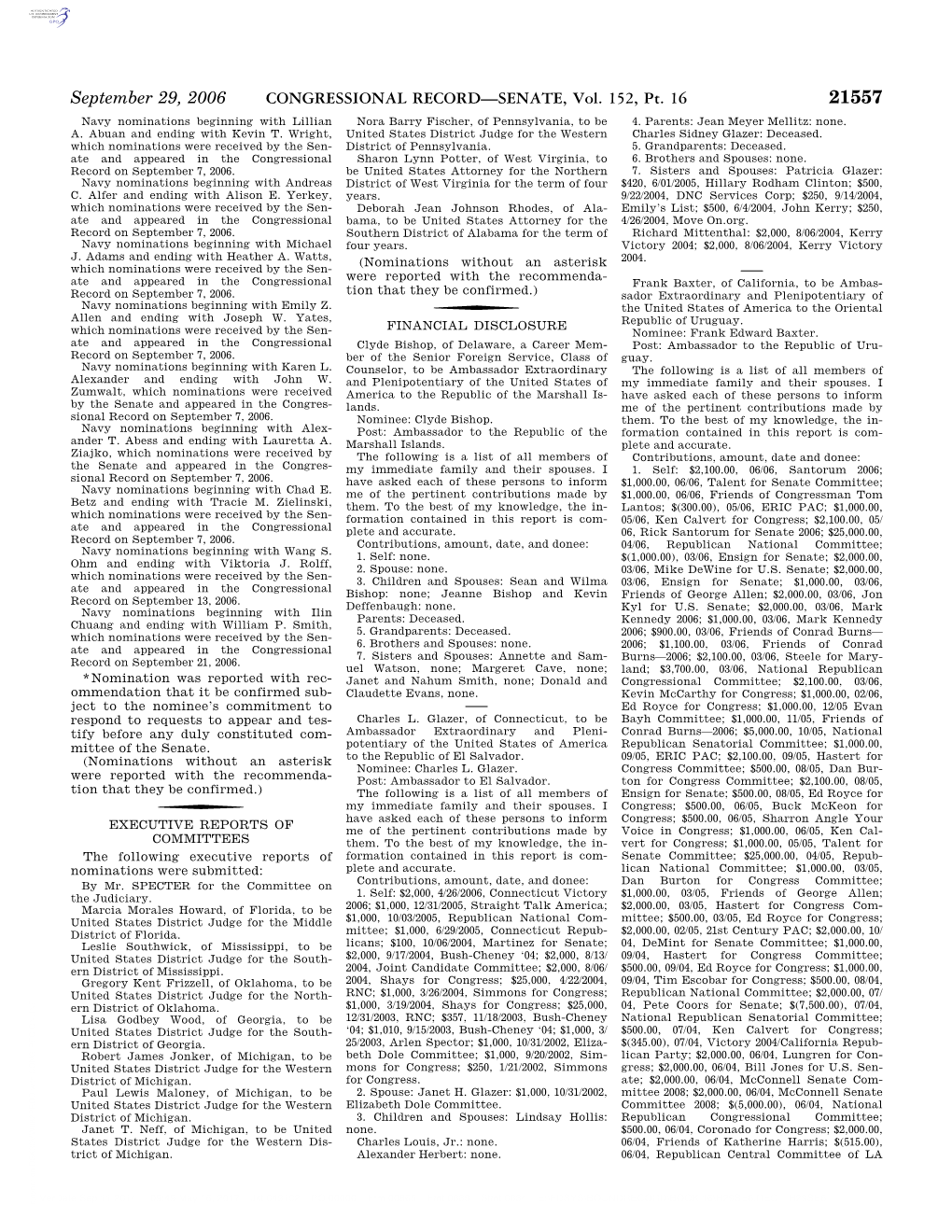 CONGRESSIONAL RECORD—SENATE, Vol. 152, Pt. 16 21557 Navy Nominations Beginning with Lillian Nora Barry Fischer, of Pennsylvania, to Be 4