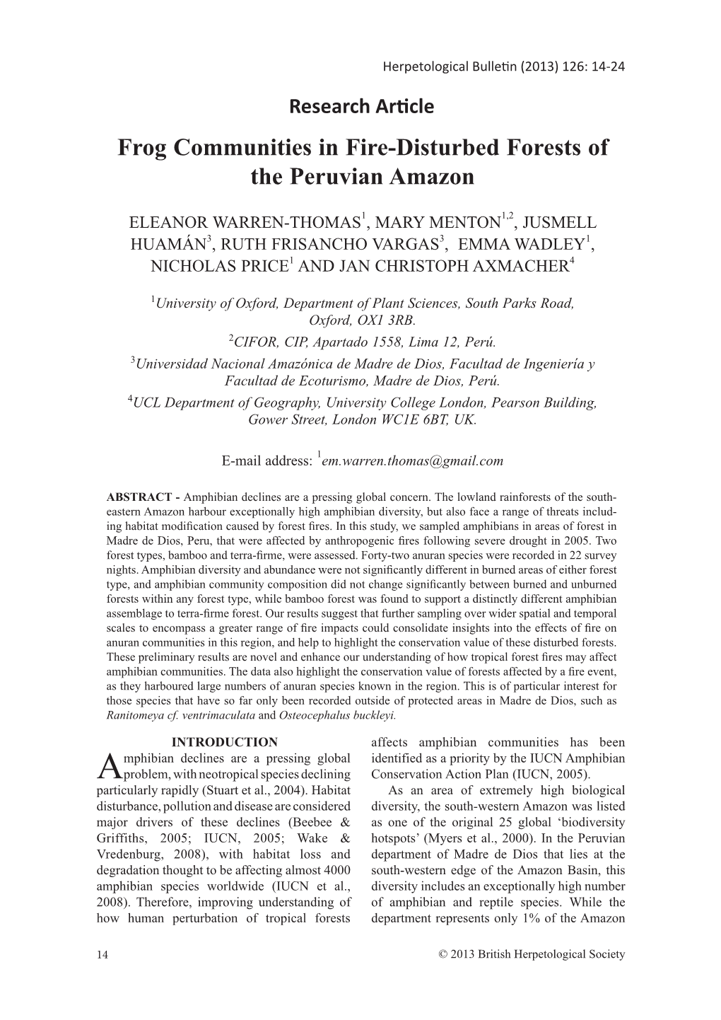 Frog Communities in Fire-Disturbed Forests of the Peruvian Amazon